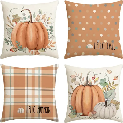Miniatura 10 de AVOIN colorlife Juego de 4 fundas de almohada de Hello Fall Hello Pumpkin de 16 x 16 pulgadas, cosecha de Acción de Gracias de otoño, decoración