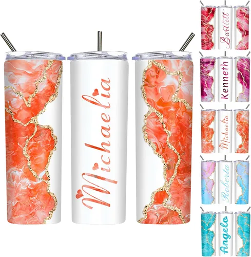Miniatura 18 de Vasos delgados personalizados con tapas y pajitas de 20 onzas, diseño de mármol personalizado, vasos de acero inoxidable delgados con nombre
