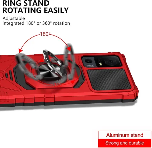 Miniatura 6 de TJS Funda para TCL 40 XL y T608DL, Lively Jitterbug Smart4 - Protector de pantalla de vidrio templado, soporte de metal resistente contra caídas Rojo