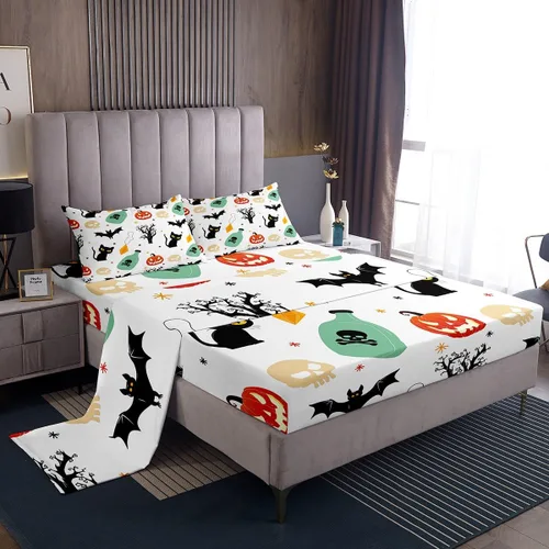 Miniatura 13 de Erosebridal Juego de sábanas de Halloween con diseño de fantasmas de dibujos animados, decoraciones de calabaza de Halloween, juego de sábanas