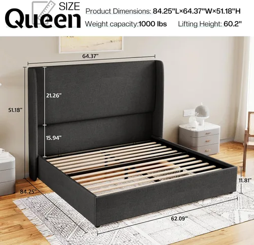 Miniatura 2 de Jocisland - Base de cama tamaño Queen con plataforma de almacenamiento abatible, tapizada en lino, con cabecera abatible moderna/almacenamiento