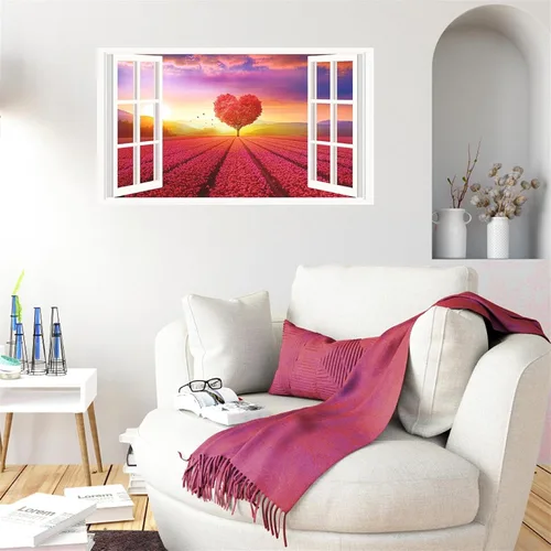 Miniatura 9 de Calcomanías de pared 3D con diseño de árbol de amor de la naturaleza, para despegar y pegar, calcomanías falsas para ventana de paisaje, decoración
