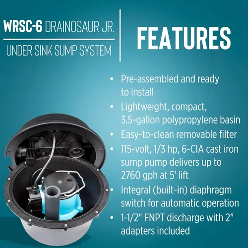 Miniatura 3 de Little Giant WRSC-6 Bomba de sumidero automática compacta para debajo del fregadero Drainosaur de 115 voltios, 1/3 HP, 2760 GPH/Sistema de fregadero