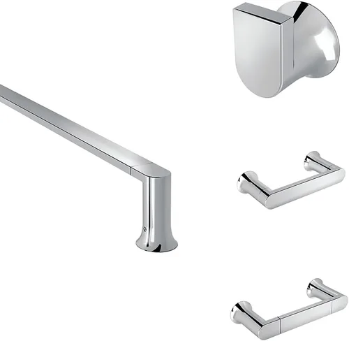 Paquete de toallero individual Moen Genta LX Chrome Modern 24 para montaje en pared, BH3824CH, gancho para bata, BH3803CH, soporte de papel