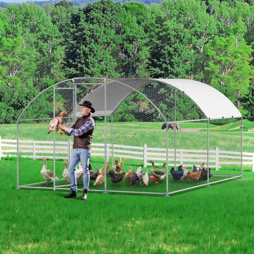 Miniatura 8 de VEVOR Gallinero de metal grande con paso, 13.1 x 9.8 x 6.5 pies para patio con cubierta impermeable, jaula grande para aves de corral