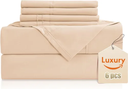 Miniatura 52 de CozySmile Juego de sábanas transpirables y refrescantes, sábanas de lujo de 4 piezas con bolsillo profundo para cama de tamaño matrimonial, se Beige
