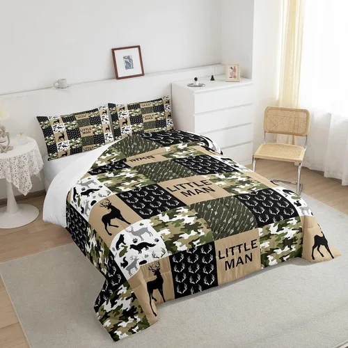 Miniatura 106 de Juego de edredón de cuernos de ciervo tamaño individual, juego de ropa de cama rústica de granja con huellas de oso y pinos para decoración