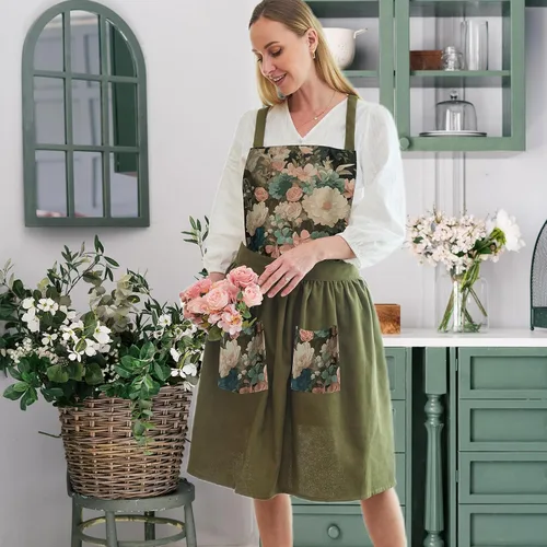 Miniatura 9 de Delantal Vintage Lindo para Mujer con Bolsillos, Delantal con Espalda Cruzada para Cocinar, Hornear, Cocina, Jardinería Verde oliva