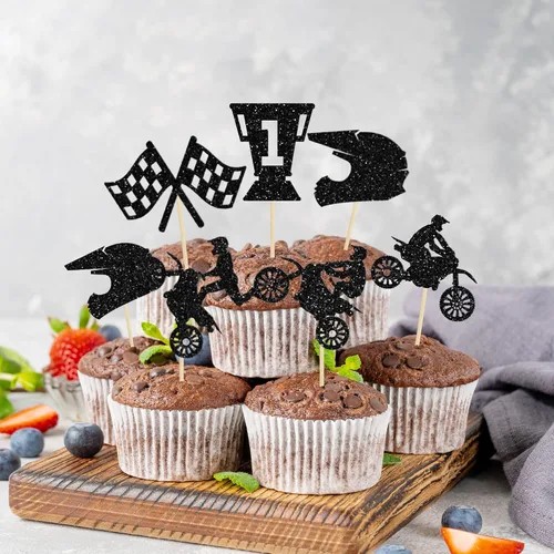Miniatura 5 de Ephlyn Decoración para cupcakes de motocicleta, 24 piezas de decoraciones negras con purpurina para deportes, tema de motocross, para hombre y niño