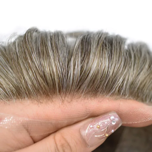 Miniatura 22 de Sistema de repuesto de cabello humano europeo con encaje frontal suizo para hombre, tupé para hombre, pieza de cabello, nudo blanqueado, línea #17