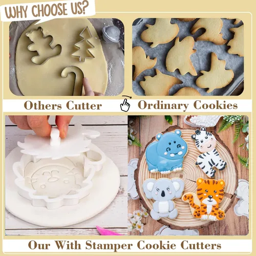 Miniatura 3 de Juego de 8 cortadores de galletas de animales con mango de sello 3D, diseño de selva para cocina, formas de pastel de ácido poliláctico