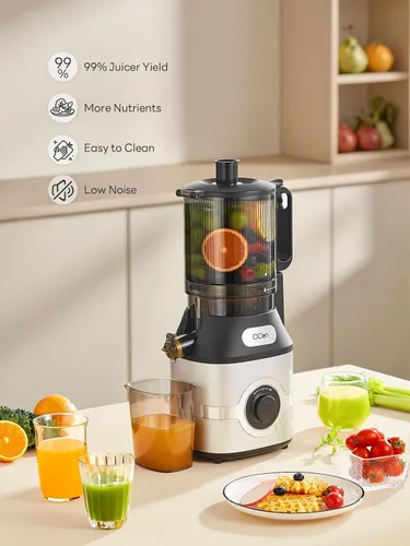 Miniatura 4 de QCen Exprimidor de prensa en frío, 5.5 pulgadas de ancho, máquina de masticación lenta para frutas y verduras enteras, fácil de limpiar (gris)