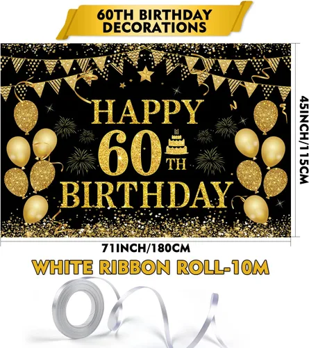 Miniatura 3 de Cartel de cumpleaños número 60, negro y dorado, 71 x 45 pulgadas, decoración de feliz cumpleaños 60 Oro negro 60