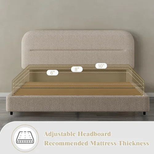 Miniatura 7 de HOMBCK - Base de cama tapizada de tejido bouclé con cabecera suave con diseño de esquinas redondeadas, listones de madera, no requiere somier, fácil