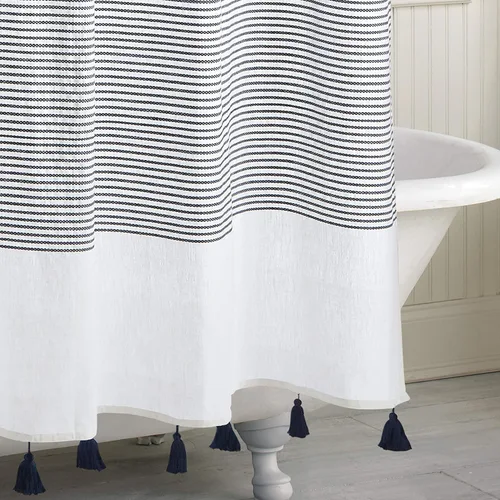 Miniatura 2 de Panama Stripe Cortina de ducha 100% tela de algodón para baño, de 72 x 72 pulgadas /182.88 x 182.88 cm. Azul marino