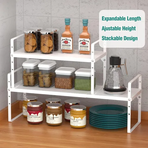 Miniatura 3 de SUZLON Estante organizador de gabinete expandible, estante apilable de almacenamiento para mostrador de cocina, estante de despensa de altura Blanco