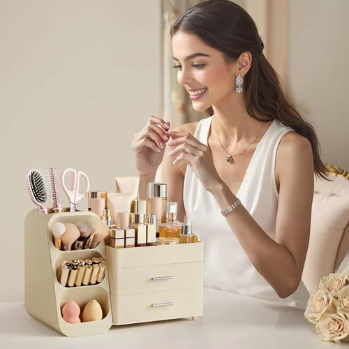 Miniatura 6 de HBlife Organizador de maquillaje con soporte para brochas para tocador, organizador grande de plástico para tocador de baño, almacenamiento