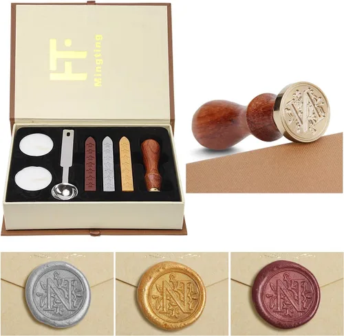 Miniatura 18 de Juego de sellos de cera, Juego clásico de sellos de cera antiguo estilo antiguo con letras iniciales del alfabeto, Caja de regalo con asa de madera