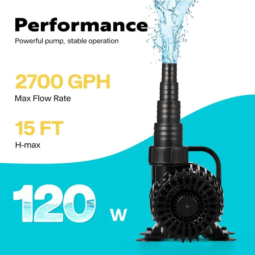 Miniatura 2 de VIVOHOME Bomba de agua sumergible de 120W 2700GPH con boquilla ajustable sin costuras de 180° y bolsa de barrera para estanque de koi, cascada