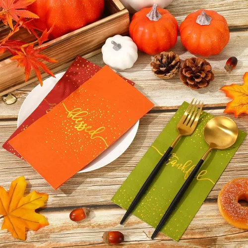 Miniatura 4 de Whaline 75 servilletas de papel desechables de papel dorado para invitados de Acción de Gracias, toallas de papel desechables de otoño para cosecha
