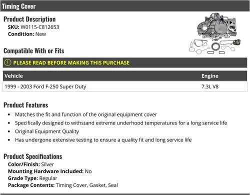 Marketplace Auto Parts, Tapa de sincronización con kit de juntas y sellos, compatible con Ford F-250 Super Duty 7.3L V8 Diesel 1999-2003