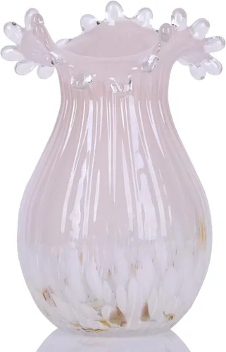 Miniatura 8 de DOVDOV Florero de cristal rosa soplado a mano, decoración de jarrón de boca ancha ondulado, jarrón de vidrio único para centro de mesa de comedor