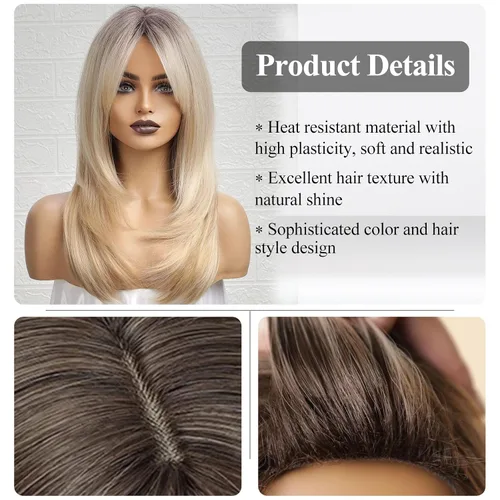 Miniatura 4 de HAIRCUBE Pelucas rubias degradadas con flequillo, longitud al hombro, peluca rubia ceniza para mujer, pelucas en capas, raíces oscuras, pelucas