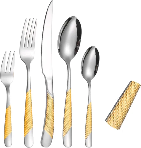 Miniatura 17 de Modern Silverware - Juego de cubiertos martillados de acero inoxidable de 20 piezas para 4 personas, incluye tenedores, cucharas, cuchillos, plateado