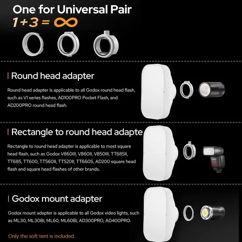 Miniatura 7 de GODOX ML-CS1625 Softbox Kit de cúpula de difusión con 3 adaptadores, difusor plegable para GodoxV1 Serie V1 ML30 ML60BI AD200PRO AD300PRO 400PRO V