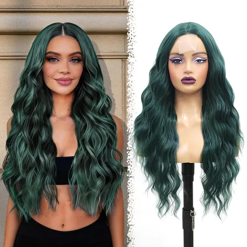 Miniatura 16 de Pelucas sintéticas de encaje frontal verde y negro, pelucas sintéticas de onda larga para mujer, 26 pulgadas (3/4 verde y 1/4 negro)