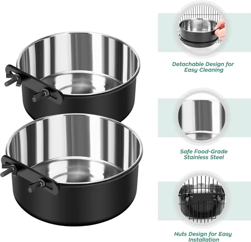 Miniatura 2 de Tazón de agua para jaula para perros sin derrames, paquete de 2 tazones colgantes para jaula para perros, tazones de agua y comida para perrera Negro