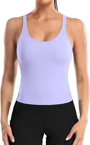 Miniatura 130 de ATTRACO Camiseta corta acanalada de entrenamiento para mujer con brasier integrado para yoga, espalda cruzada, ajuste ajustado