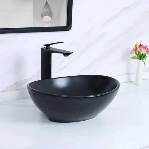 Miniatura 4 de Davivy Fregadero ovalado negro mate de 15.7 x 13 pulgadas con drenaje desplegable, fregaderos de baño sobre encimera, fregaderos de baño, fregaderos