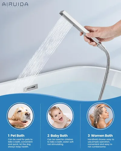 Miniatura 4 de Airuida Grifo de bañera de montaje en pared con boquilla de cascada, grifo de bañera montado en la pared con ducha de mano de una sola manija, cromo