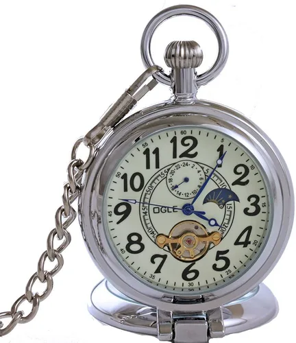 Miniatura 5 de OGLE Lupa plateada impermeable Tourbillon Phases Moon Chain Fob Auto Bobinado automático Skeleton Half Hunters Reloj de bolsillo mecánico