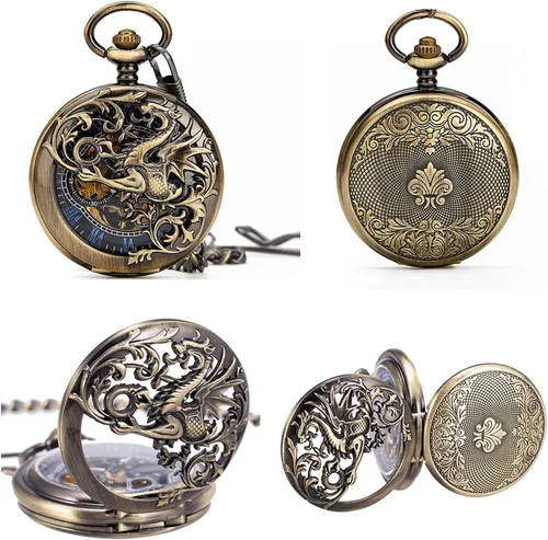 Miniatura 4 de Carrie Hughes Men Mechanical Pocket Watch with Chain Lucky Dragon Steampunk Skeleton Hunter Double Open in Box CHPW10