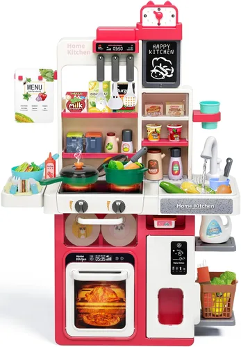 Miniatura 8 de Juego de cocina para niños, juego de cocina para niños pequeños con sonido y luz, estufa de cocina con vapor, fregadero de juegos, juguete de comida
