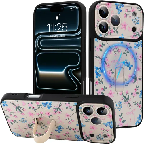 Miniatura 71 de Funda diseñada para iPhone 17 Pro Max con soporte plegable y correa para dedos, bonito patrón de lazo de corazón de flor rosa para mujeres y niñas