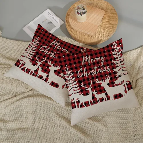 Miniatura 7 de Fundas de almohada navideñas de 18x18 pulgadas, paquete de 2, cuadros búfalo rojo y negro con ciervo, fundas de almohada decorativas, decoración