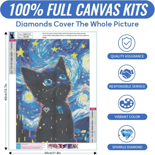 Miniatura 2 de Kits de Arte de Diamantes de Gato de SANYUN para Adultos, Kits de Pintura de Diamantes de Noche Estrellada, Pinturas de Animales con Diamantes