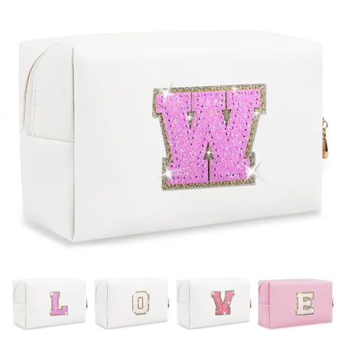 Miniatura 401 de Pequeña bolsa de maquillaje personalizada con inicial A-Z Preppy Patch, bolsa de cosméticos de viaje de felpilla blanca con cremallera, bonita bolsa