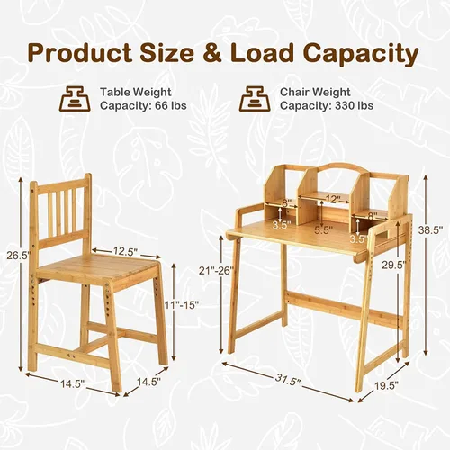 Miniatura 8 de UNICOO - Juego de escritorio y silla de bambú ajustable en altura para niños, escritorio para niños, mesa de estudio y juego de sillas