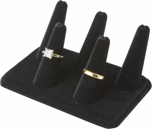 Miniatura 2 de Plymor Pantalla de dedo de anillo de terciopelo negro, cinco en base rectangular, 5.25 pulgadas de ancho x 3.625 pulgadas de profundidad x 2.25