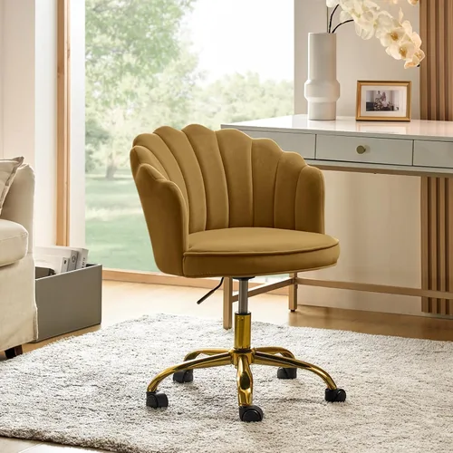 Miniatura 18 de HULALA HOME Silla de oficina en casa de terciopelo con base dorada, silla de escritorio tapizada moderna y linda de concha para mujer para tocador