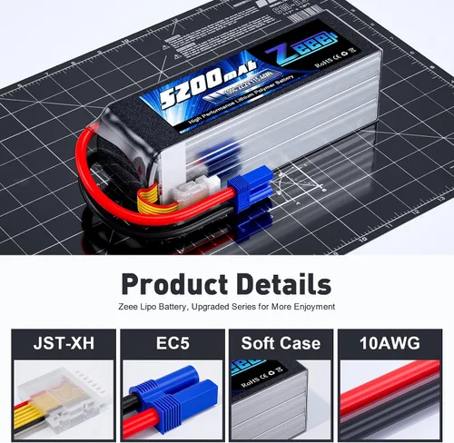 Miniatura 3 de Zeee 6S 5200mAh Lipo Batería 22.2V 100C con conector EC5 Soft Pack Batería RC para RC Car Truck Avión Helicóptero Quadcopter Barco (paquete de 2)
