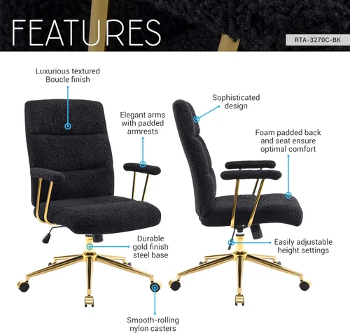 Miniatura 4 de Elegante silla de oficina negra y dorada con tela texturizada Boucle, moderna silla de escritorio con asiento acolchado, altura ajustable con base