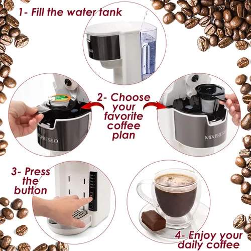 Miniatura 3 de Mixpresso - Cafetera blanca para una sola porción, compatible con cápsulas K-Cup y café molido, cafetera compacta de 30 oz para una sola porción