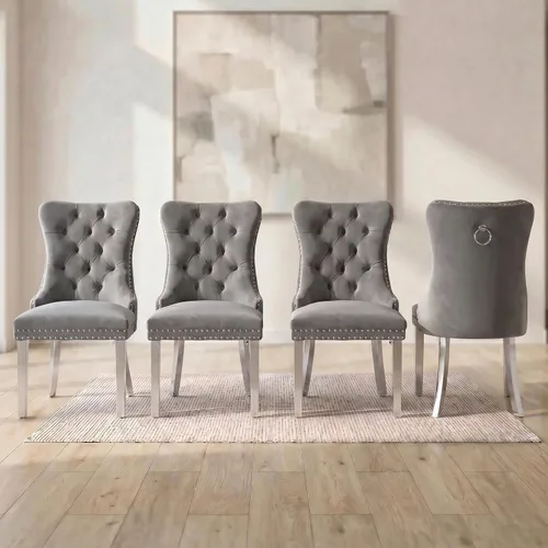 Miniatura 121 de OVENTA Juego de 6 sillas de comedor modernas tapizadas copetudas, sillas de comedor de terciopelo beige cálido con patas de madera maciza, sillas