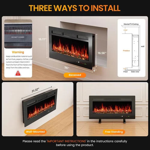 Miniatura 8 de Sweetcrispy - Chimenea eléctrica de 36 pulgadas para insertar, 1500 W montada en pared y empotrada, estufa de leña independiente con control remoto