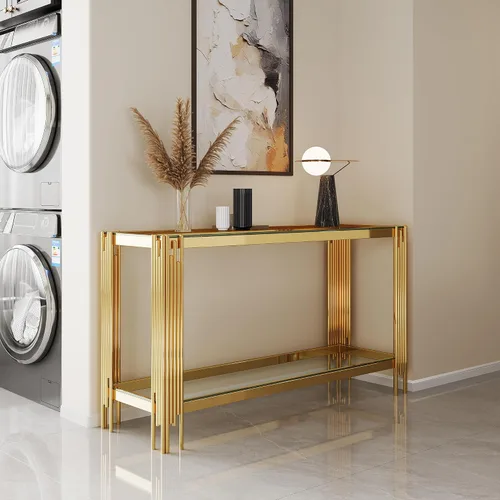 Miniatura 226 de Mesa de centro de cristal de lujo, mesa de centro de sofá de 47 pulgadas con marco de acero inoxidable dorado y parte superior de vidrio negro, mesa